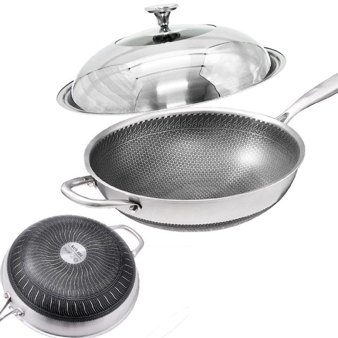 304 Stainless Steel Non-Stick Stir Fry Cooking Kitchen Honeycomb Wok Pan with Lid – 34 cm