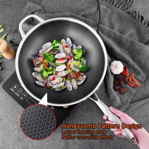 316 Stainless Steel Non-Stick Stir Fry Cooking Kitchen Wok Pan without Lid Honeycomb Double Sided – 34 cm