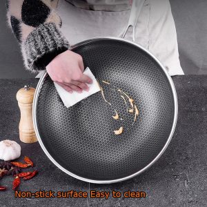 304 Stainless Steel Non-Stick Stir Fry Cooking Kitchen Wok Pan without Lid Honeycomb Double Sided – 34 cm