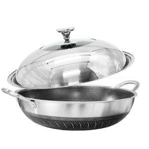 304 Stainless Steel Non-Stick Stir Fry Cooking Double Ear Kitchen Wok Pan with Lid Honeycomb Double Sided – 38 cm