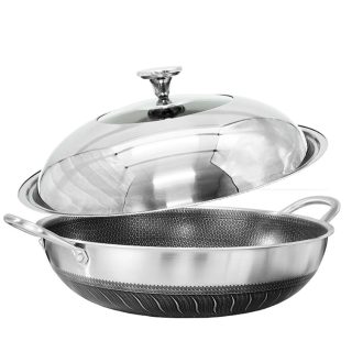 304 Stainless Steel Non-Stick Stir Fry Cooking Double Ear Kitchen Wok Pan with Lid Honeycomb Double Sided