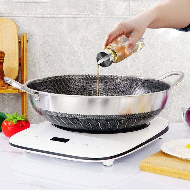 304 Stainless Steel Non-Stick Stir Fry Cooking Double Ear Kitchen Wok Pan with Lid Honeycomb Double Sided – 38 cm