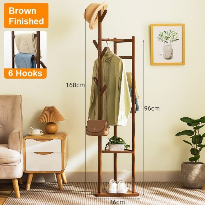 Bamboo Clothes Coat Rack Garment Stand Shelf Tree Hanger Bag Hat Hook Holder – Dark Brown