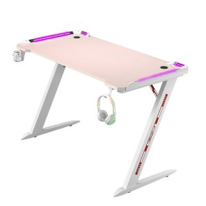 RGB Gaming Desk Home Office Carbon Fiber Led Lights Game Racer Computer PC Table Z-Shaped Pink – 140x60x74 cm