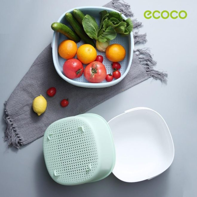 Ecoco Double Drain Basket Bowl Washing Kitchen Strainer Noodles Vegetables Fruit Sink Supplies – Blue