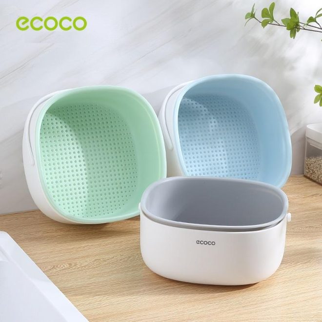 Ecoco Double Drain Basket Bowl Washing Kitchen Strainer Noodles Vegetables Fruit Sink Supplies – Blue