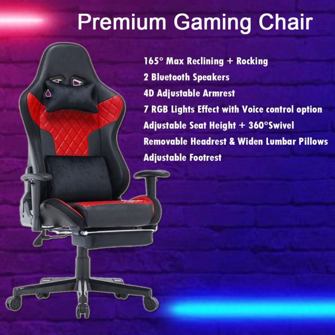 7 RGB Lights Bluetooth Speaker Gaming Chair Ergonomic Racing chair 165° Reclining Gaming Seat 4D Armrest Footrest – Black and Red