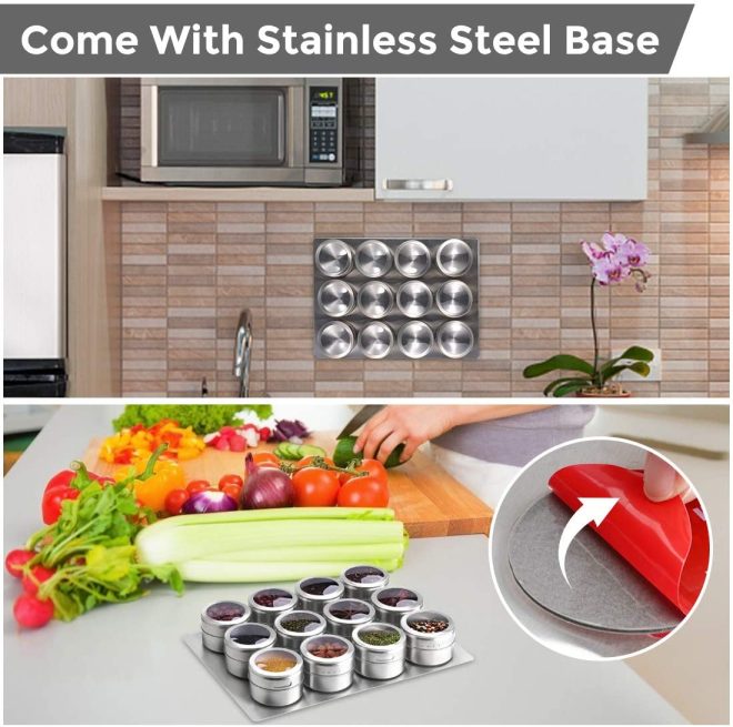 Magnetic Spice Jars Containers Spice Tins Wall Mounted Stainless Steel Base New – 12