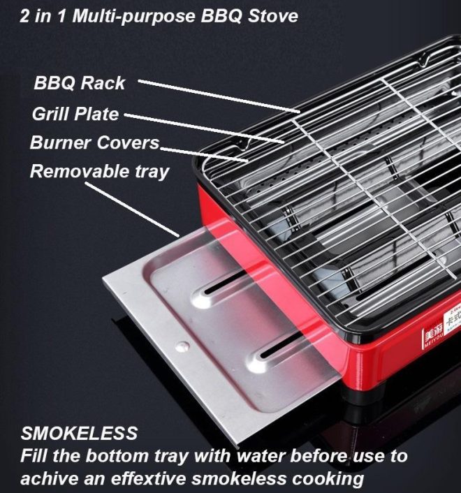 Portable Gas Stove Burner Butane BBQ Camping Gas Cooker With Non Stick Plate without Fish Pan and Lid – Black