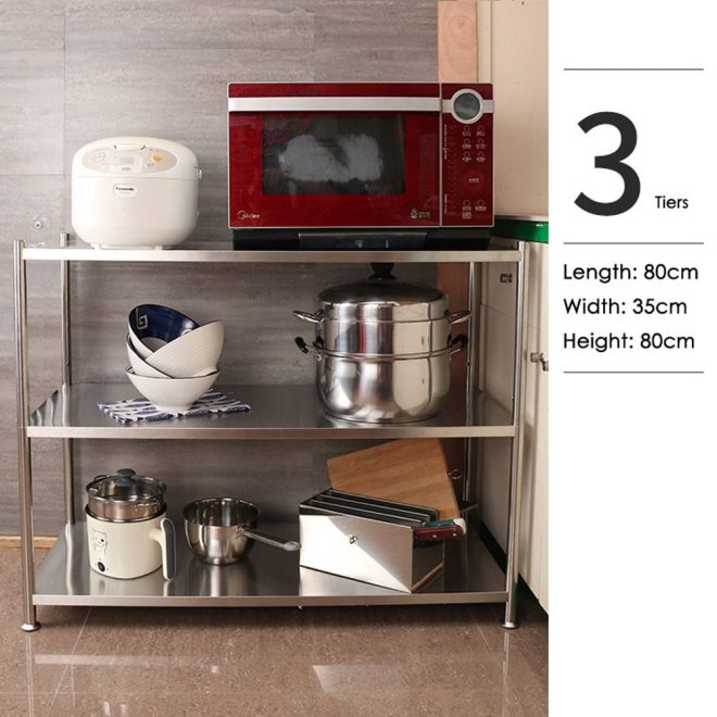 80cm Height Stainless Steel Kitchen Microwave Oven Storage Rack Multilayer Organizer for Cookware – 3 Tier