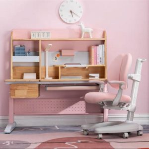 Solid Rubber Wood Height Adjustable Children Kids Ergonomic Blue Study Desk Only – Pink, With Chair