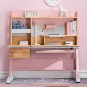 Solid Rubber Wood Height Adjustable Children Kids Ergonomic Blue Study Desk Only – Pink, Without Chair