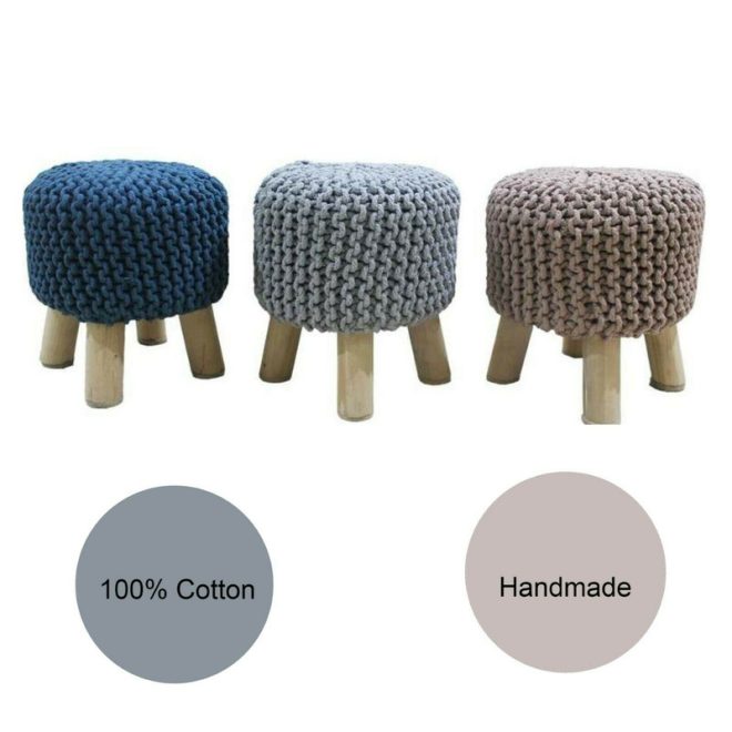 Kids Hand Knitted Cotton Braided Foot Rest Sitting Stool Ottoman – Blue