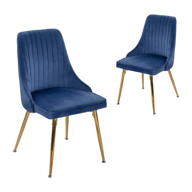 Viva Forever Set of 2 Velvet Dining Chairs – Art Deco Design with Gold Metal Legs – Blue