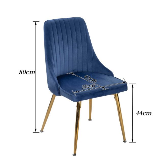 Viva Forever Set of 2 Velvet Dining Chairs – Art Deco Design with Gold Metal Legs – Blue