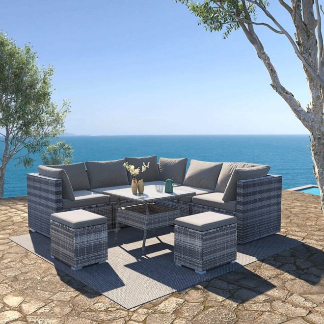 8PC Outdoor Dining Set Wicker Table & Chairs-Grey