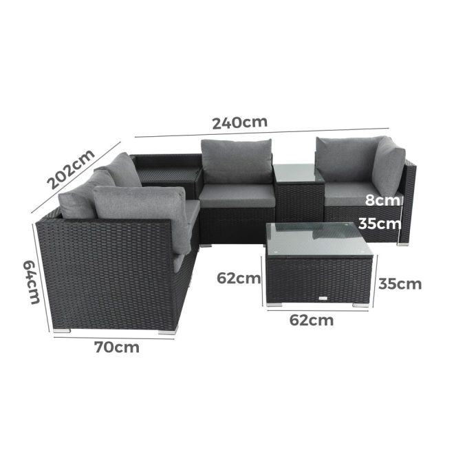 Modular Outdoor Wicker Lounge Set – Black, 1 x Square Coffee Table + 2 x Corner Sofa + 2 x One Seater + 1 x Side Table + 1 x Corner Storage