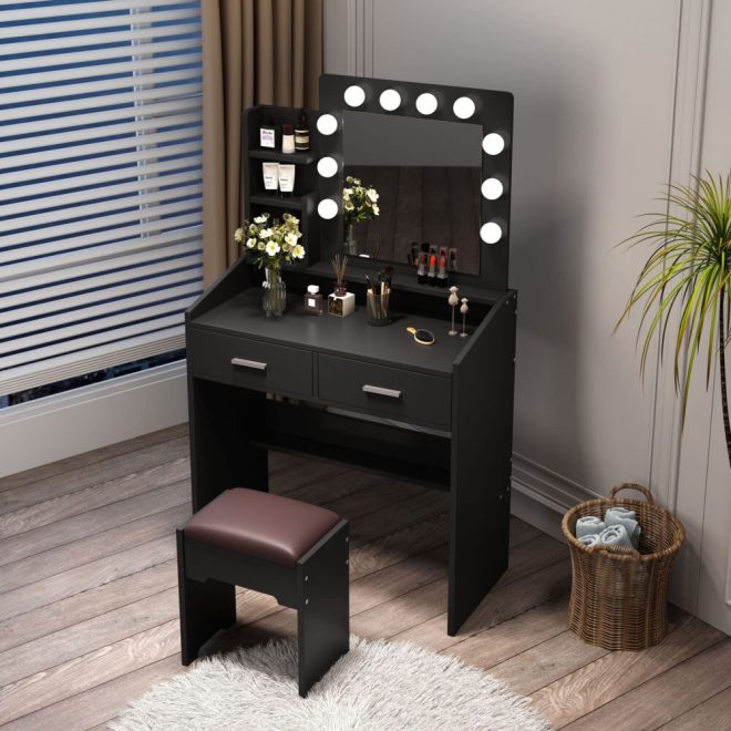 Diana Vanity Set with Shelves Cushioned Stool and Lighted Mirror – Black