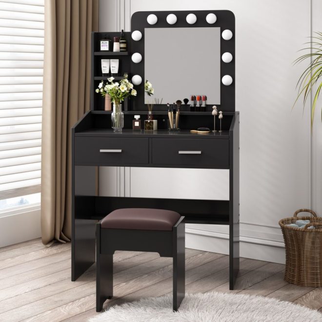 Diana Vanity Set with Shelves Cushioned Stool and Lighted Mirror – Black