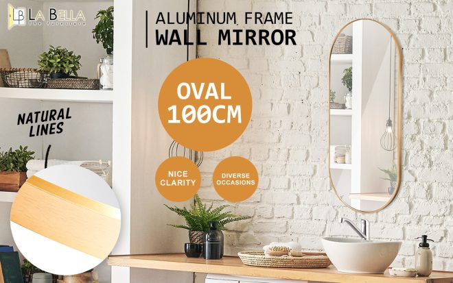 La Bella Wall Mirror Oval Aluminum Frame Makeup Decor Bathroom Vanity – 45×100 cm, Gold