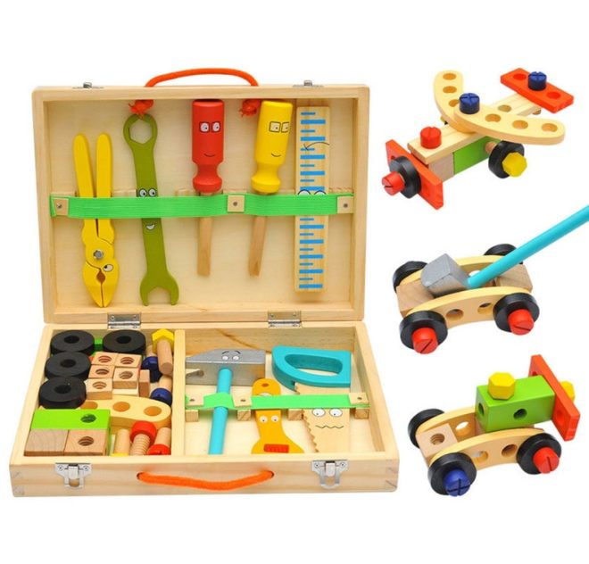 Children’s pretend play build fix wood Toolbox Toy, Carpenter Traddie Set For toddlers and kids