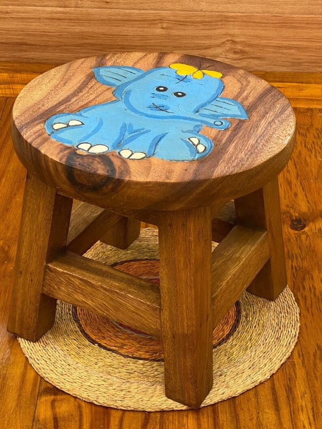 Children’s Wooden Stool Blue Baby ELEPHANT Themed Chair Toddlers Step sitting Stool