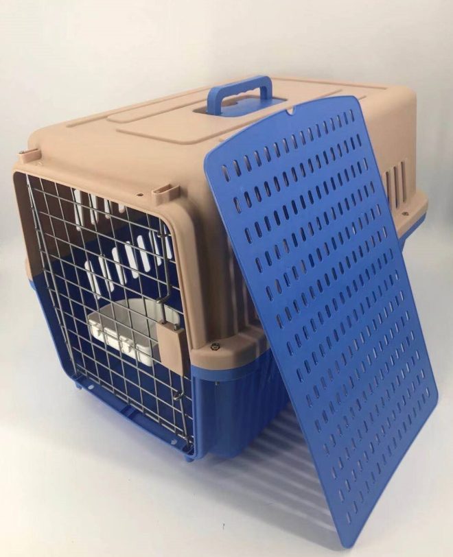 Large Airline Dog Cat Crate Pet Carrier Cage With Tray And Bowl – Blue