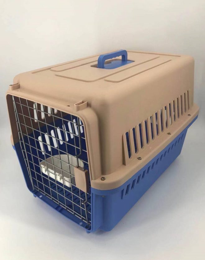 Large Airline Dog Cat Crate Pet Carrier Cage With Tray And Bowl – Blue