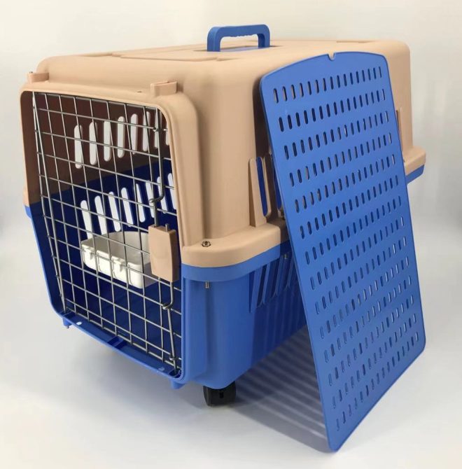 Large Dog Cat Crate Pet Carrier Rabbit Airline Cage With Tray, Bowl & Wheel – Blue