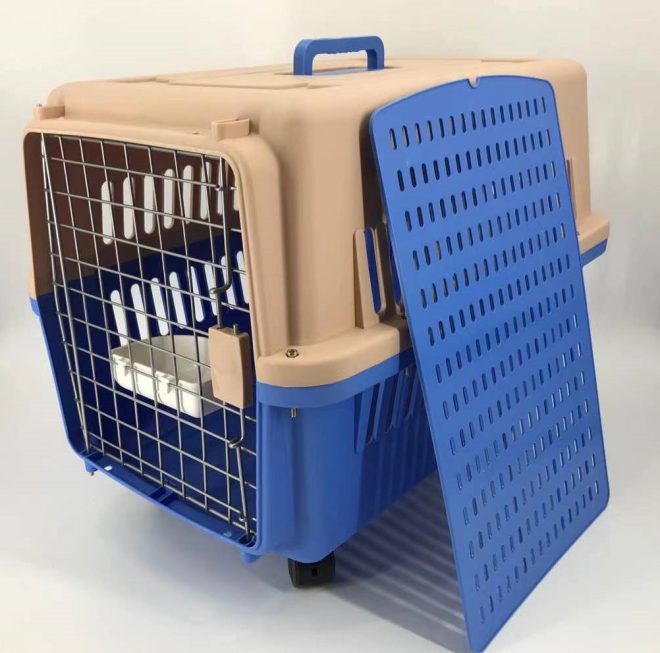 Large Dog Cat Crate Pet Carrier Rabbit Airline Cage With Tray, Bowl & Wheel – Blue