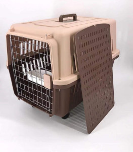 Large Dog Cat Crate Pet Carrier Rabbit Airline Cage With Tray, Bowl & Wheel – Brown