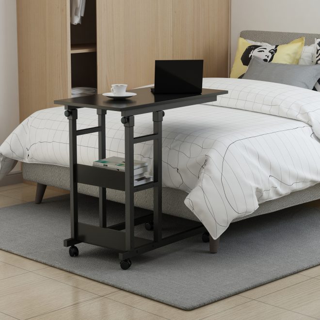 Side Table with Storage Shelves, Height Adjustable Sofa Couch Coffee End Table Bedside Table Laptop Desk with Wheels