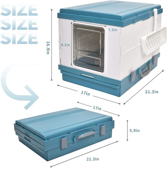 XL Portable Cat Toilet Litter Box Tray Foldable House with Handle and Scoop – Blue