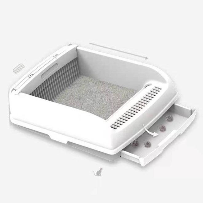 Large Cat Litter Tray Box Kitty Toilet with Rack Scoop Drawer-Style Cleaning Box White