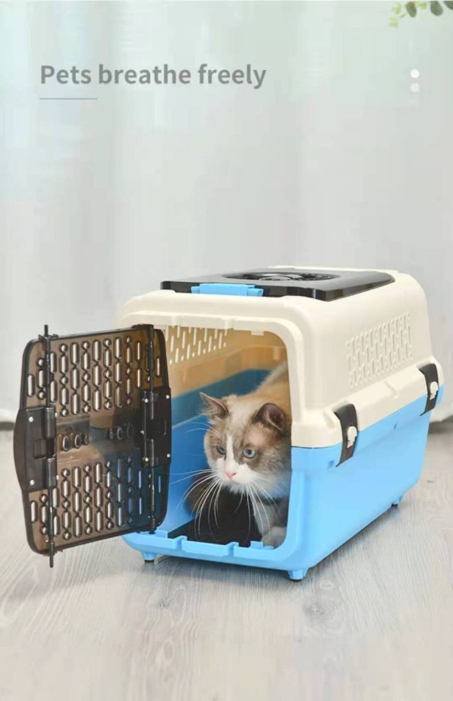 Medium Dog Cat Crate Pet Rabbit Carrier Travel Cage With Tray & Window – Blue