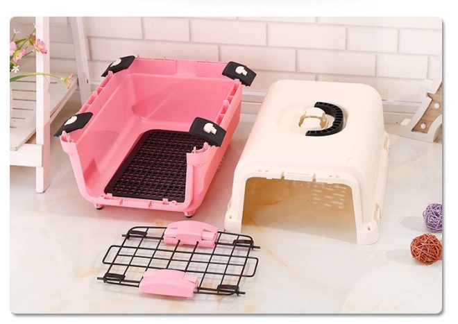 Medium Portable Plastic Dog Cat Pet Pets Carrier Travel Cage With Tray – Pink