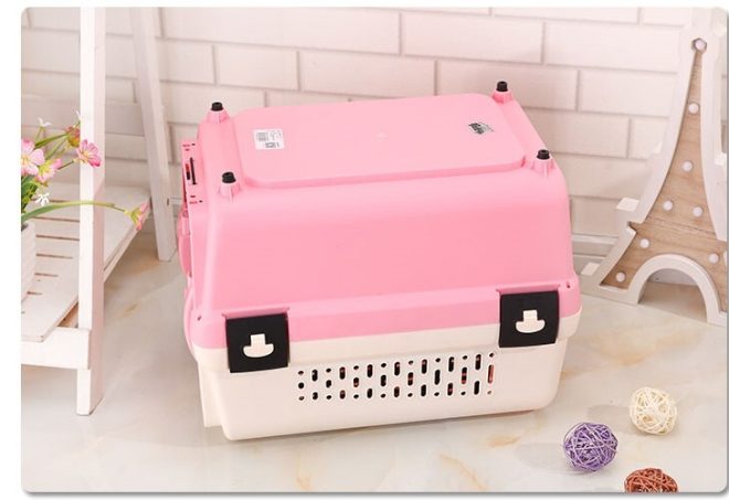 Medium Portable Plastic Dog Cat Pet Pets Carrier Travel Cage With Tray – Pink