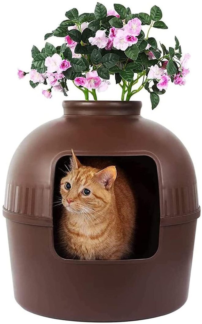 Multifunctional Cat Litter Box Pet Cat House Semi-Enclosed – Brown