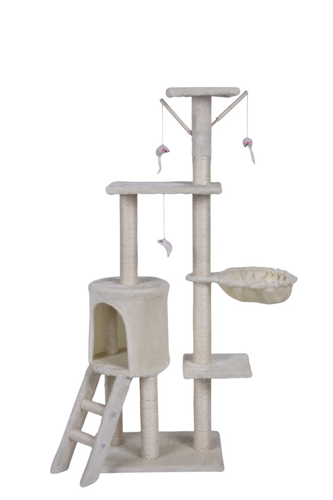 138cm Cat Scratching Post Tree Post House Tower with Ladder – Beige