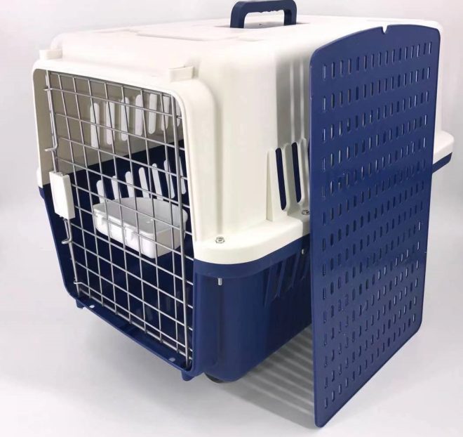 Navy Dog Puppy Cat Crate Pet Carrier Cage W Tray, Bowl & Removable Wheels – 81x58x61 cm