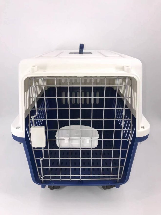 Navy Dog Puppy Cat Crate Pet Carrier Cage W Tray, Bowl & Removable Wheels – 81x58x61 cm