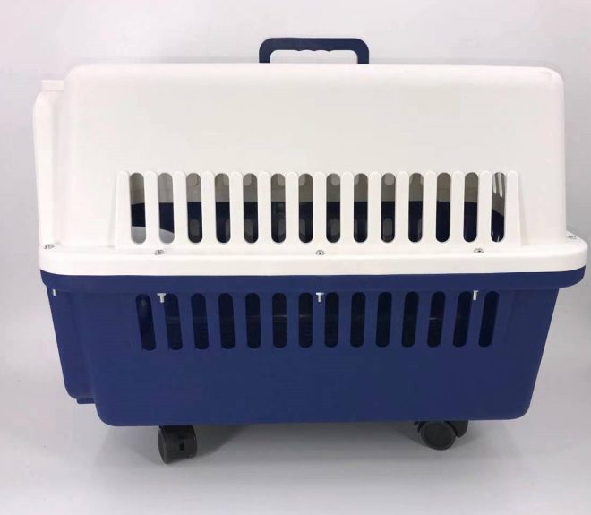 Navy Dog Puppy Cat Crate Pet Carrier Cage W Tray, Bowl & Removable Wheels – 81x58x61 cm