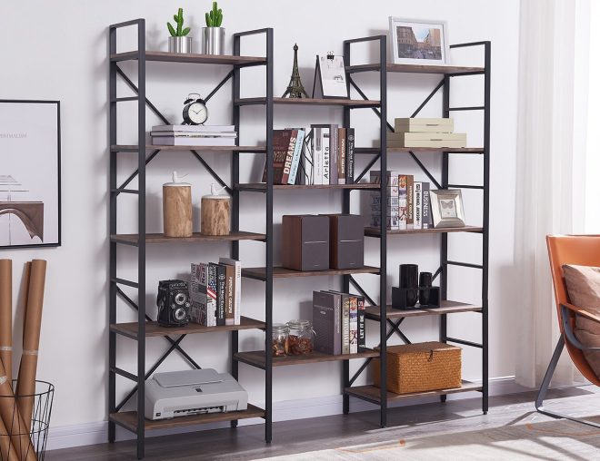 Industrial Vintage Shelf Bookshelf, Wood and Metal Bookcase Furniture for Home & Office