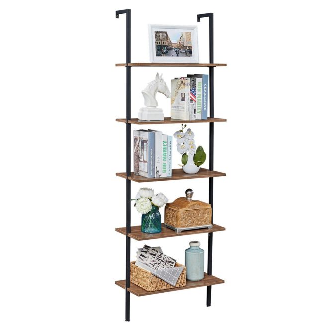 Industrial Ladder Shelf Wood Wall-Mounted Bookcase Storage Rack Shelves Display. – Black