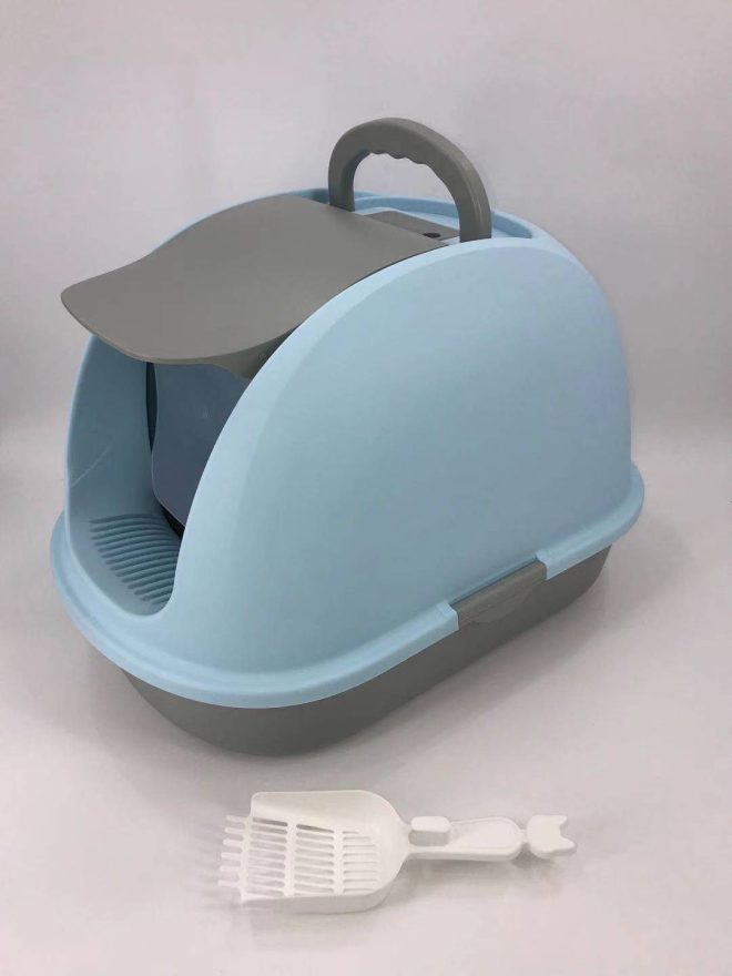 XL Portable Hooded Cat Toilet Litter Box Tray House w Charcoal Filter and Scoop – Blue