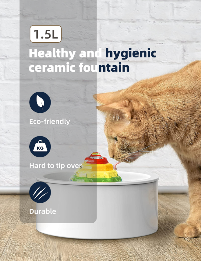 Ceramic Electric Pet Water Fountain Dog Cat Water Feeder Bowl Dispenser – Round