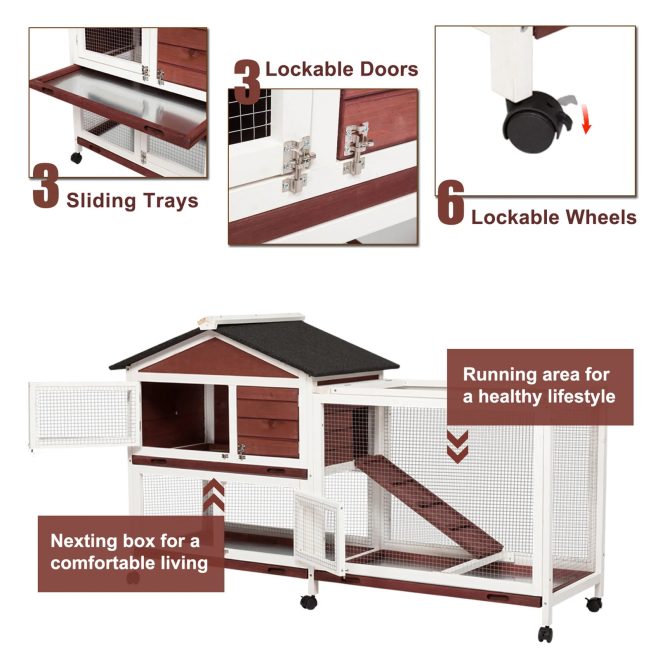 Double Storey Large Rabbit Hutch Guinea Pig Cage , Ferret Cage With Pull Out Tray On Wheels