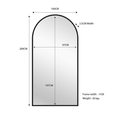 Black Metal Arch Mirror – 100×200 cm, Black