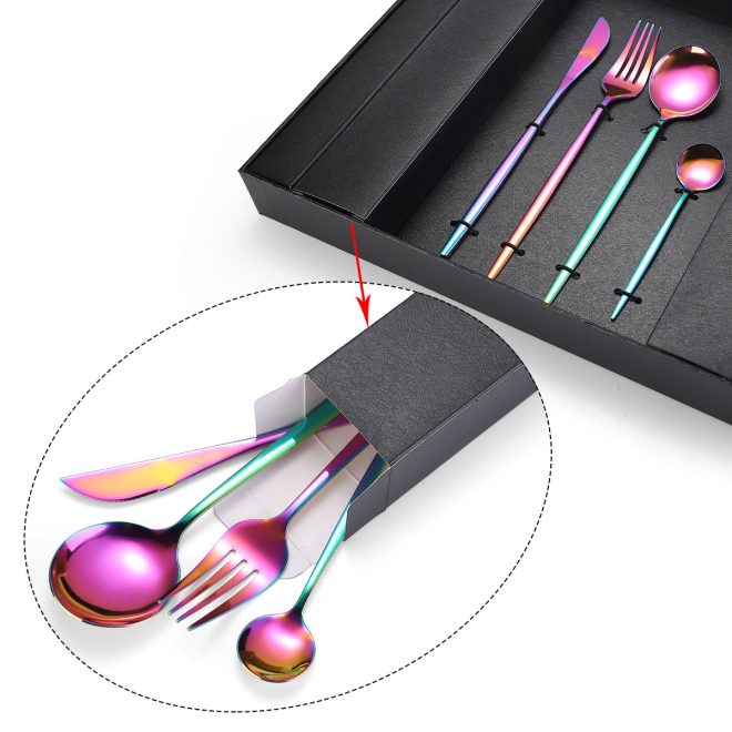 16-Piece Stainless Steel Rainbow Color Set, Knife Fork Spoon Flatware Set Cutlery Set