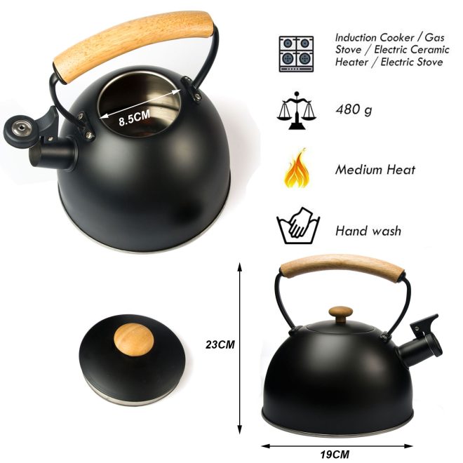 3 Liter Tea Whistling Kettle Stainless Steel Modern Whistling Tea Pot for Stovetop – Black